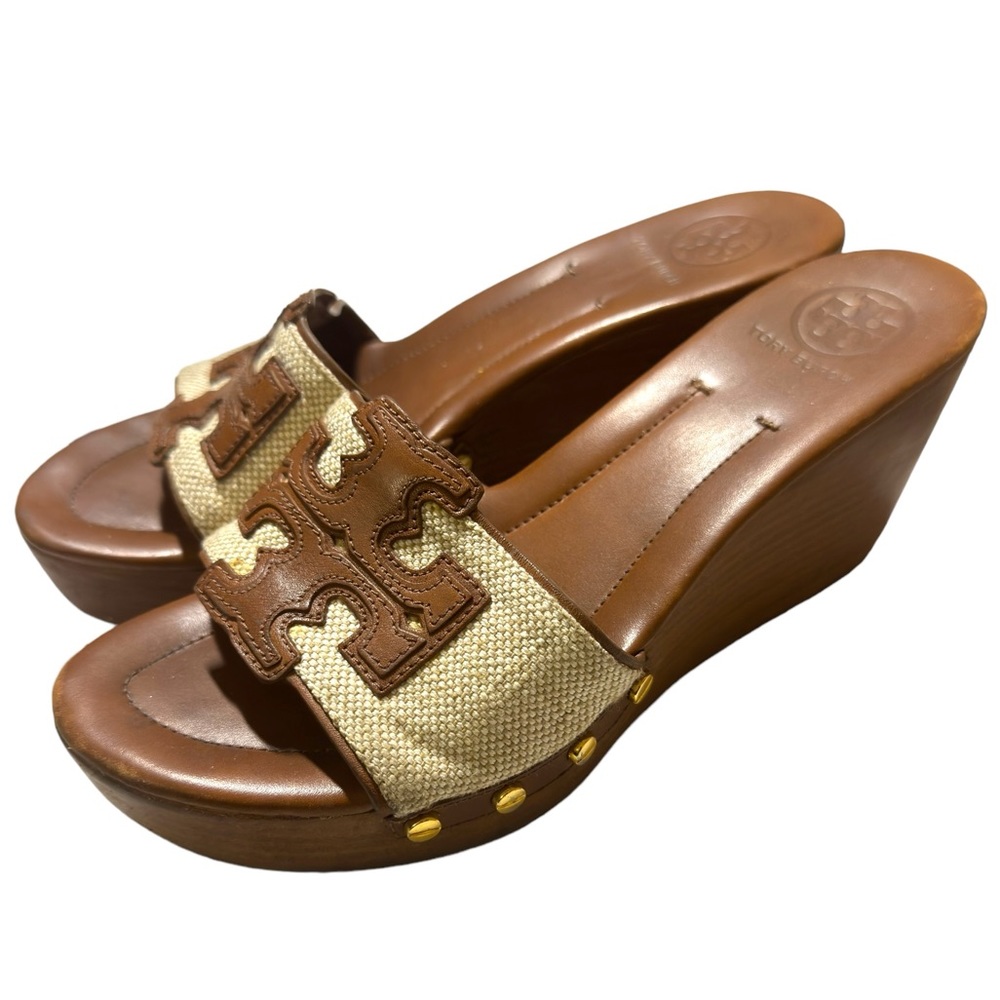 Wooden platform Tory Burch TERRI Natural Linen Sandals size 8